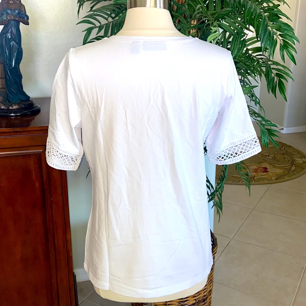 Susan Graver Weekend Cotton Modal Elbow Sleeve Top with Crochet Trim ~ White - Picture 3 of 7